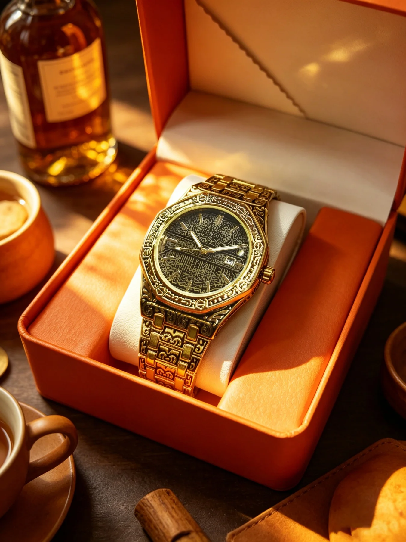 

Luxurious Gold-Plated Men's Quartz Watch with Full Engraving, Octagonal Dial, Waterproof Calendar, Business Casual Versatile Formal Watch, Vintage Light Luxury Men's Commuter Watch, High-End Gift for Men