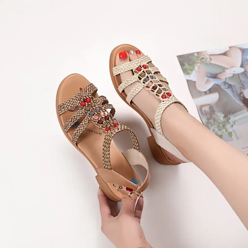 TIMETANGbohemian style summer women sandals fashion shoes woman cow leather sandals women shoes big size thick heel shoes sandal