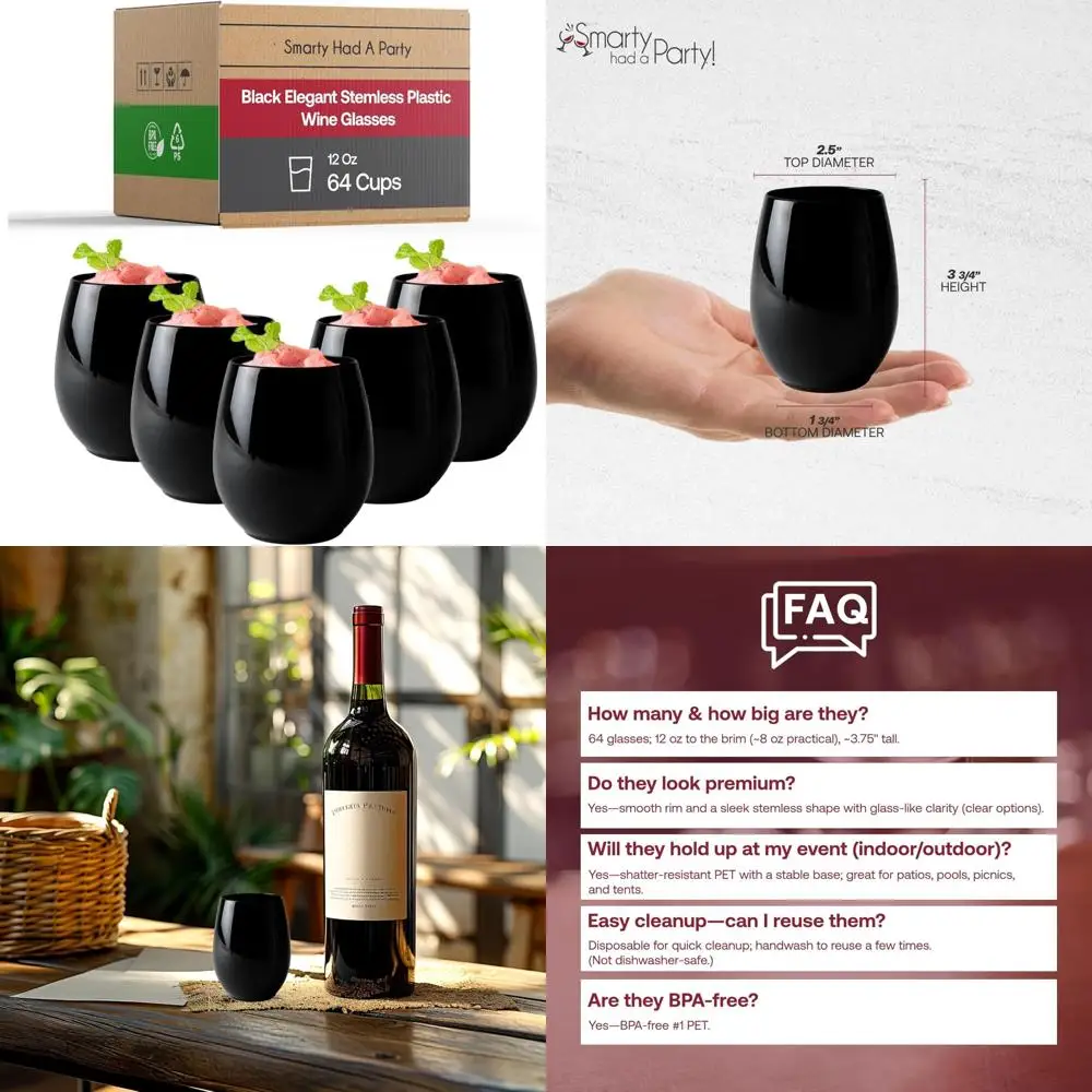 

Одноразовые черные бокалы для вина без ножек на 12 унций, набор из 64 штук — элегантные пластиковые стаканчики для вечеринок, свадеб, коктейлей на открытом воздухе и даже