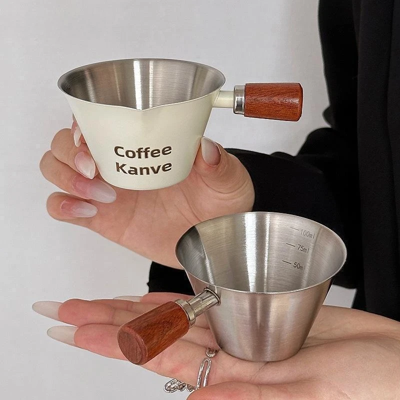 Wooden Handle Italian Espresso Stainless Steel Measuring Cup -100ml Multi-purpose Milk Ounce Cup with Measurement Mark