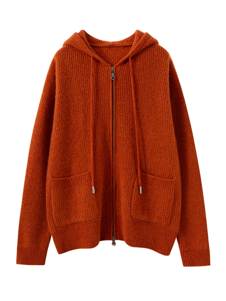 

MEETCC Women's 100% Cashmere Hoodie Lace Up Knitted Cardigan Double Zippered Pockets Sweater Autumn Winter New Knitwear Coat