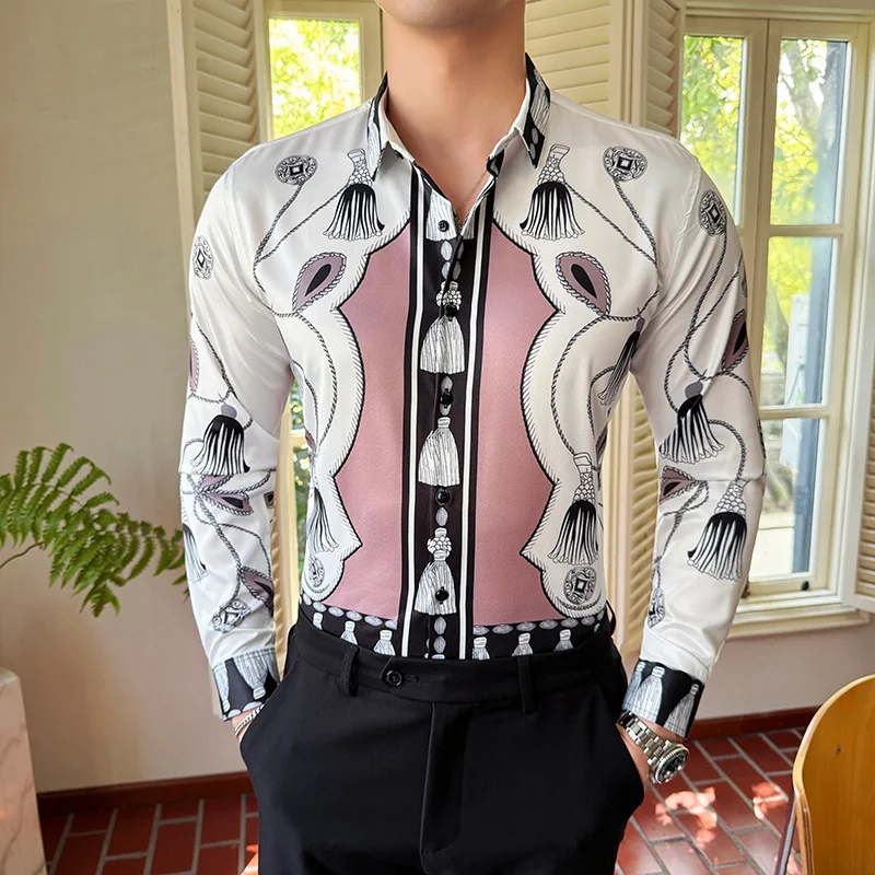 Brand Luxury Retro Shirt for Men Long Sleeve Slim Fit Casual Shirts Fashion Business Formal Dress Shirts Social Party Blouse 6XL