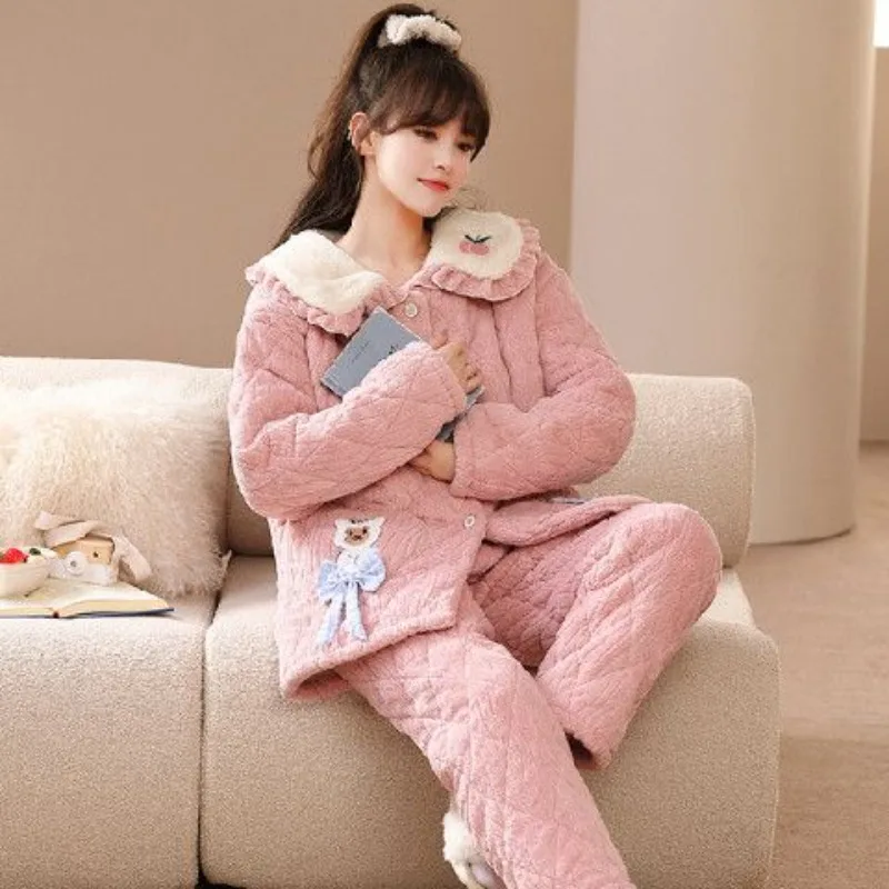 2024 New Sleepwear Suit Three-layer Padded Jacket Thickened Pajamas Women\'s Winter Coral Fleece Loungewear Student Outing Sets