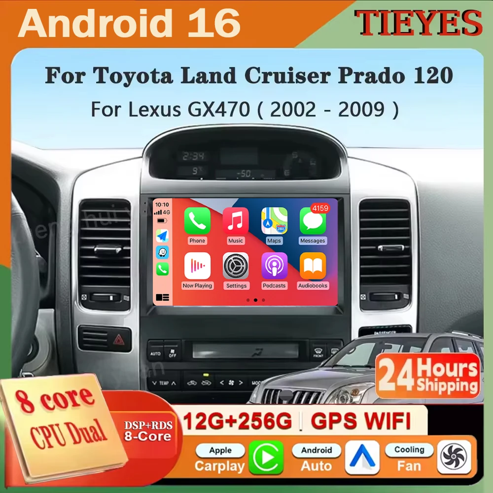 Android 16 Carplay Auto For Toyota Land Cruiser Prado 120 3 III For Lexus GX470 GX 470 J120 2001 - 2009 Car Radio Multimedia WIF