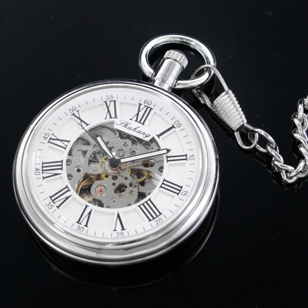 Shuhang Nieuwe Monteur Horloge Mannen Automatische Zelfwikkeling Zakhorloge Zilver Eenvoudige Open Gezicht Ketting Hanger Met Romeins Nummer