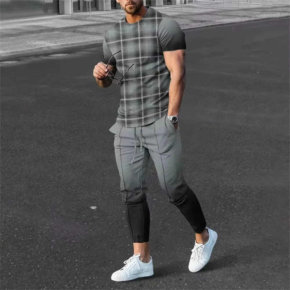 

Мужской комплект из футболки и брюк, Повседневная футболка с 3D-принтом и длинные брюки с коротким рукавом, лето 2024