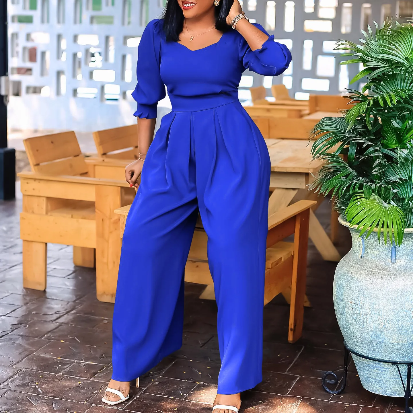 

Women's winter long-sleeved solid color loose wide-leg straight-leg plus-size jumpsuit