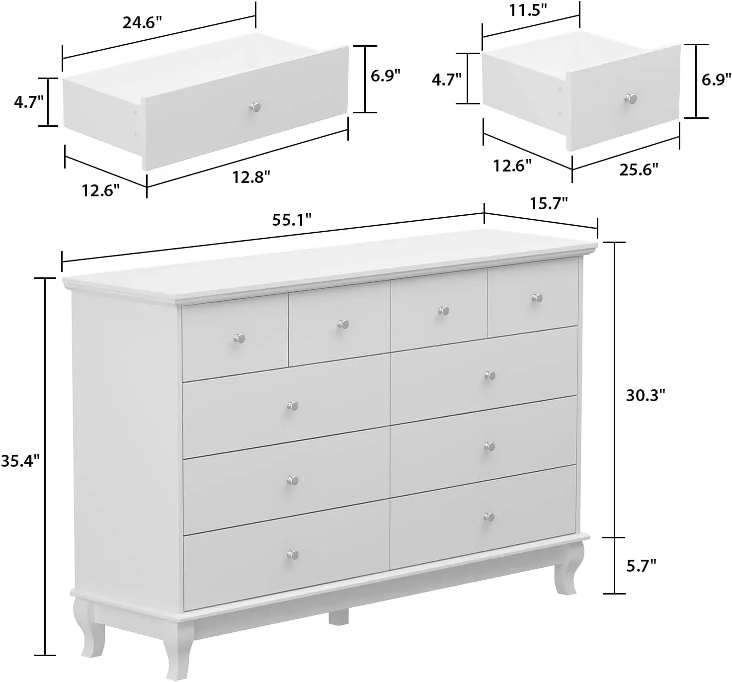 Armário Duplo com Gavetas Largas e Alças de Metal, Peito Branco de Gavetas, Arrumação, Sala, 6 ou 10 Gavetas