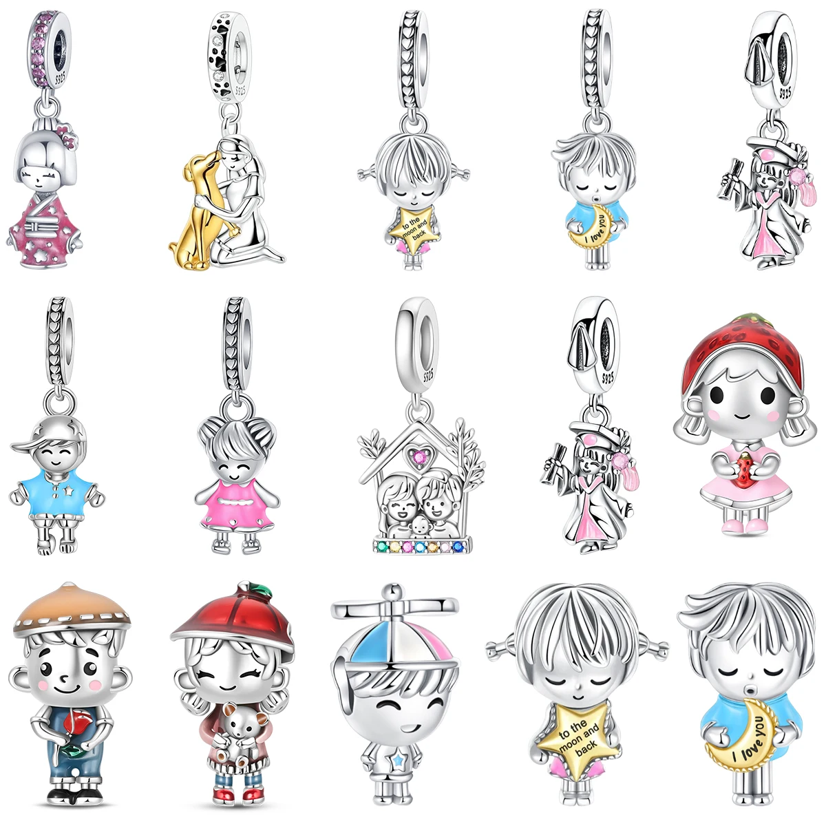 925 Sterling Silver Family Kids Figure Charms Girl Boy Graduation Kimono Strawberry Child Pendant Beads Fit Bracelet DIY Jewelry