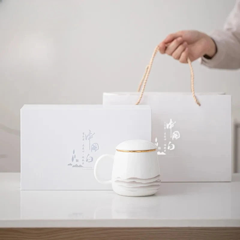 Sheep Fat Jade White Porcelain Ink Far Mountain Filter Tea Separator Cup Retro Tea Mug With Infuser Tea Soaking Office Water Cup