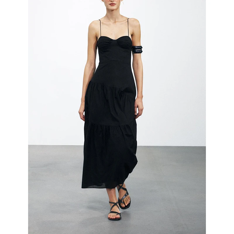 봄 여름 여성 패션을위한 나비 넥타이 백리스 디자인의 우아한 하이 웨이스트 코튼 블렌드 Strapl 롱 드레스