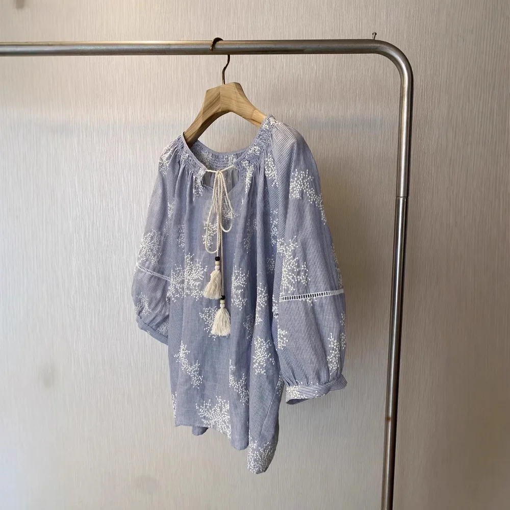 Holiday Style Cotton Retro Embroidery Shirt 2025 Spring And Autumn Tassel Lace Loose Long Sleeve Striped Shirt Blouse Beach Tops