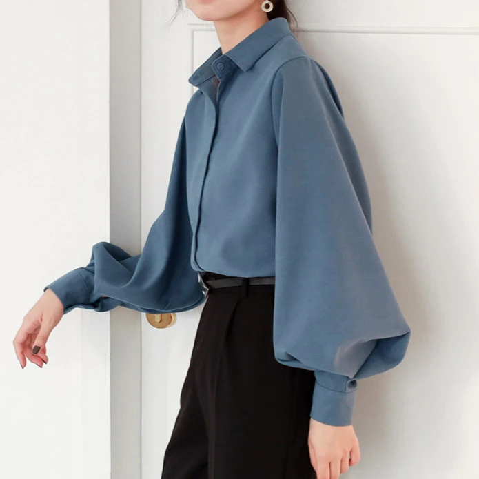 Spring Autumn Lantern Sleeve Elegant Women's White Blouse 2025 New Turn-down Collar Korean Casual Loose Shirts Female