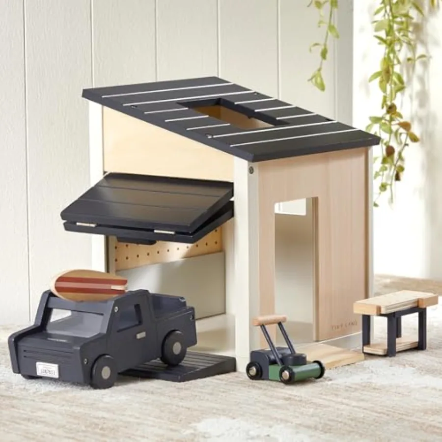 

Wooden Dollhouse Garage Set with Workbench Lawn Mower SUV Car in Natural Wood Finish Realistic Design for Educational Pretend P
