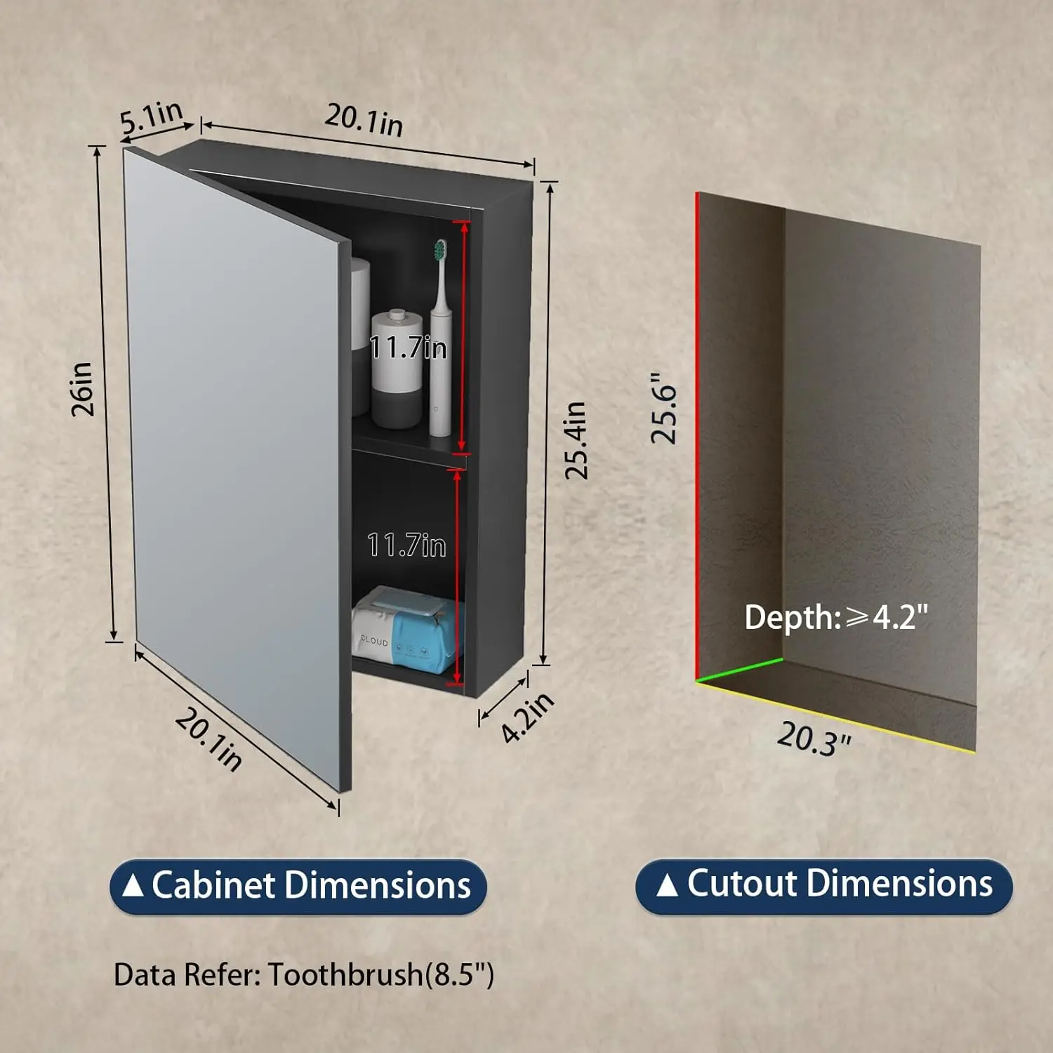 خزانة أدوية حمام صغيرة سوداء مع مساحة تخزين، خزانة ذات مرآة مثبتة على السطح أو مجمعة مسبقًا