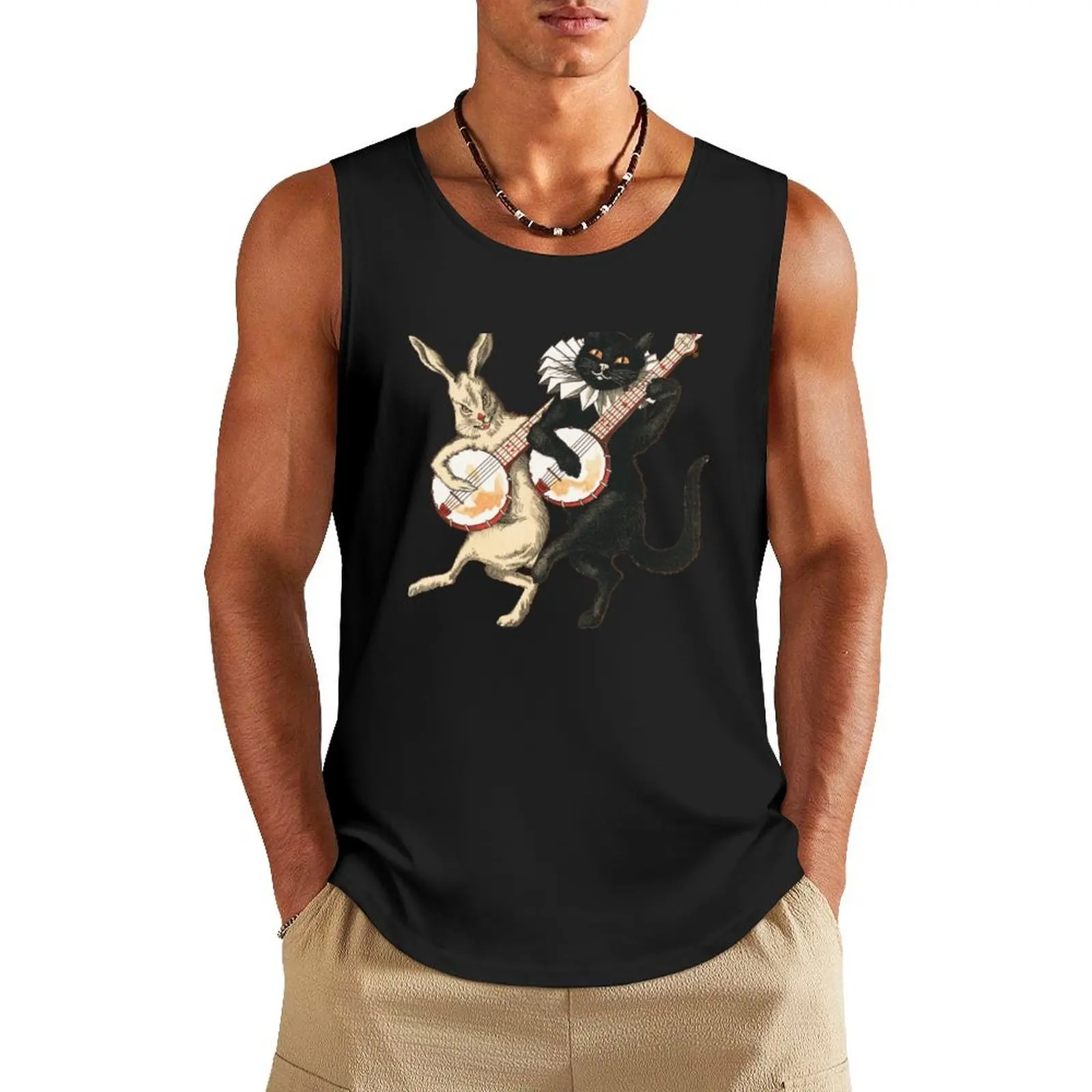 

Musical Companions: Banjo Cat and Hare Cutout - N. L. Murphys Vintage Art Tank Top T-shirt for fitness Top sleeveless vests