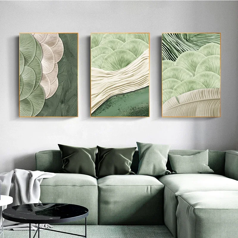 Green Ginkgo Leaf Poster Leaf Embroidery Texture Canvas Painting Nordic Room Wall Art Picture For Home Decoration Painting