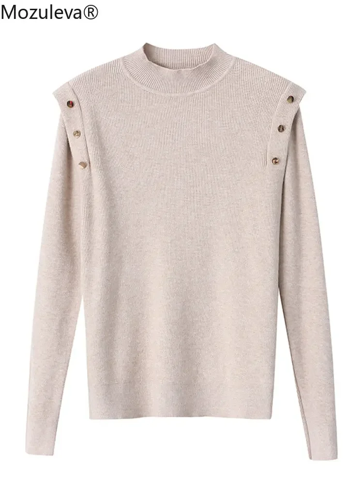 Mozuleva Korean Style Mock Neck Knitting Bottoming Warm Sweaters Button Design Autumn Winter Women\'s Pullovers Tops 2022