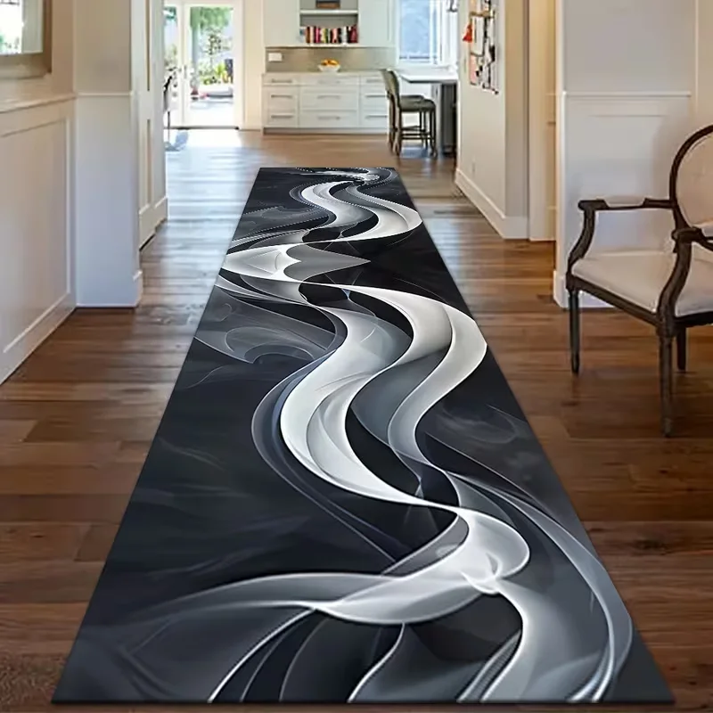 Luxury Black White Abstract Runner Rug, Modern Smoke Wave Pattern Hallway Rug, Durable Non-Slip Washable Floor Mat for Bedside