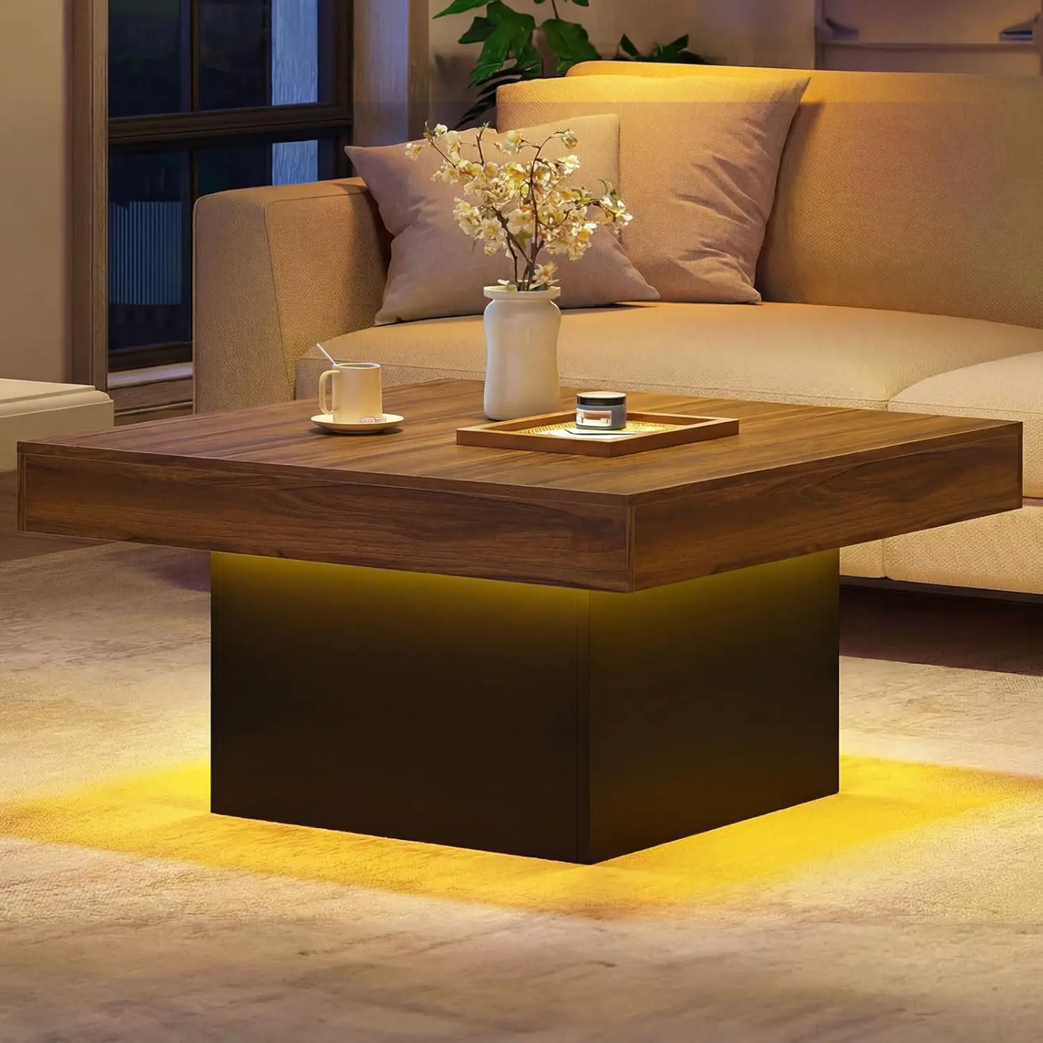 #LED Coffee Table 21 Modes 20 Colors Adjustable Brightness & Speed Wood Cocktail Table Living Room Brown Customized