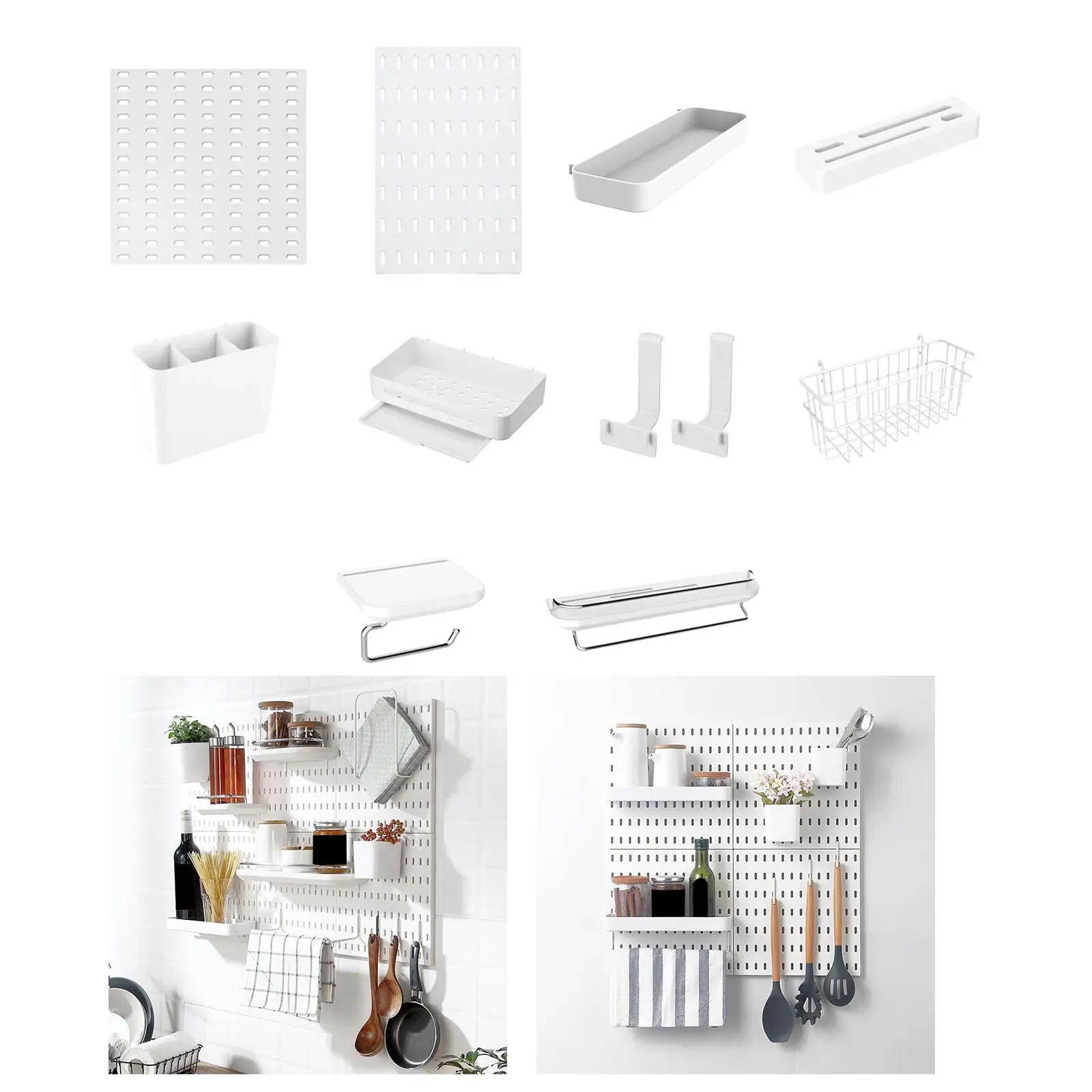 Wall Storage Pegboard Kit with Pounch Free Bins and Cups for Garage Tool Organization Kitchen Cabinet Shelf