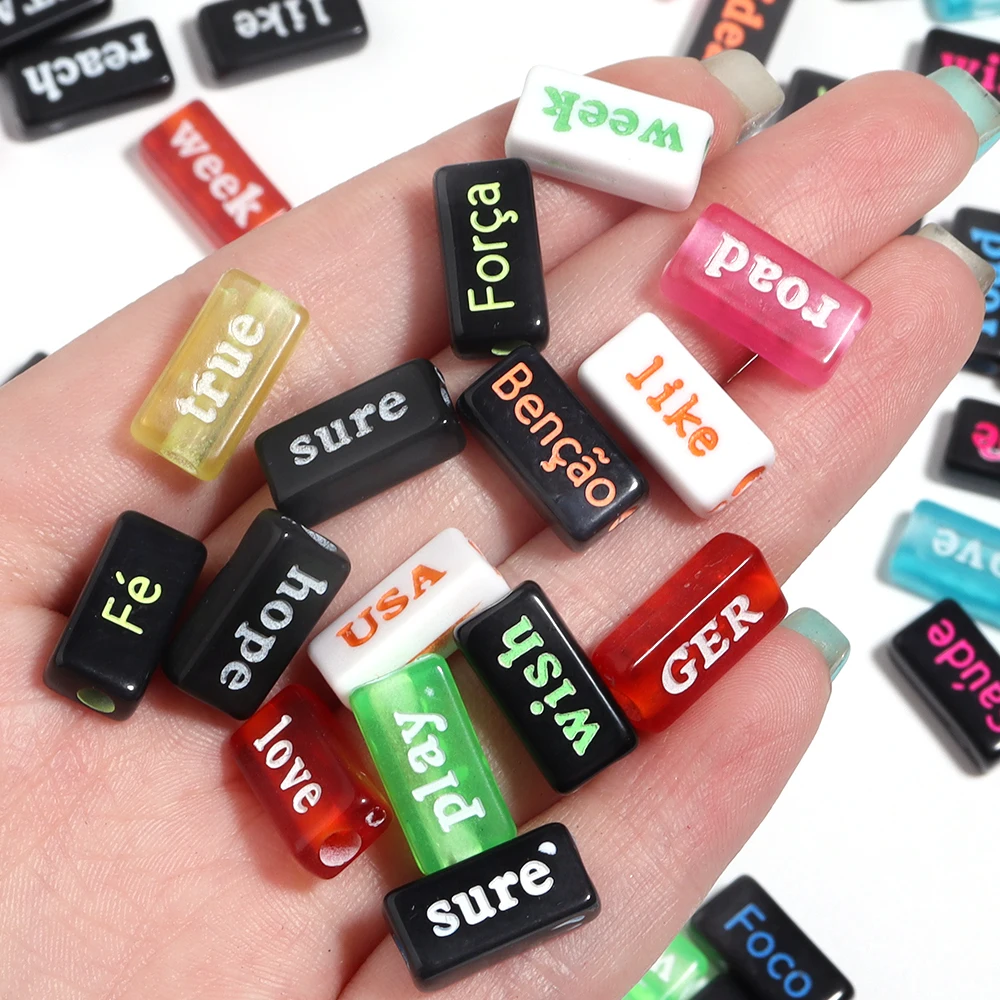 50 Stück Acryl-Perlen mit rechteckigen Wörtern, 15 x 7,5 mm, lose Perlen für Schmuckherstellung, DIY-Halskette, Telefonketten, Armband-Zubehör