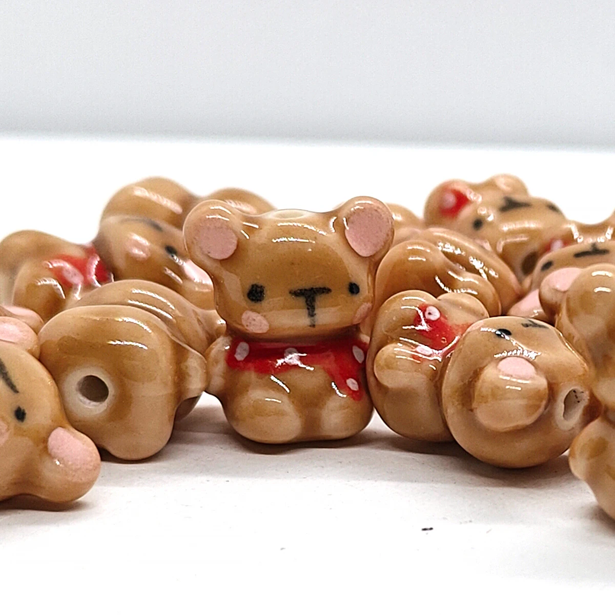 Brown Bear with Red Scarf Ceramic Beads Cute Teddy Animal Charms for DIY Jewelry Making Necklace Bracelet Gift