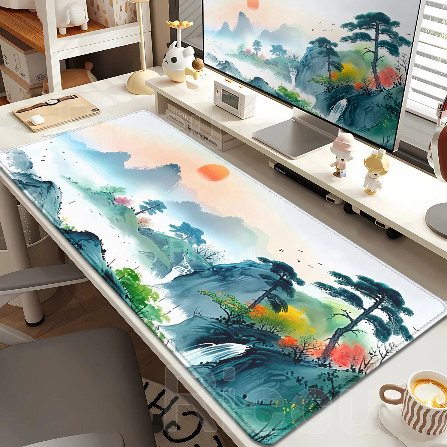Traditional Oriental Landscape Extended Rubber Anti-Slip HD Print Gaming Mouse Pad Keyboard Pad for Gamers Workstation Decor