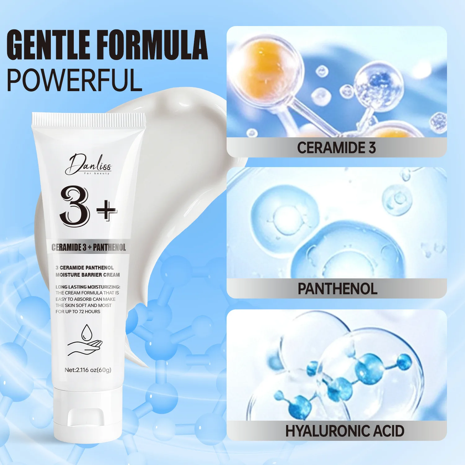 3 Ceramide Panthenol Moisture Barrier Cream 60g - with Hyaluronic Acid - 72 Hours Long Lasting Moisturizing.