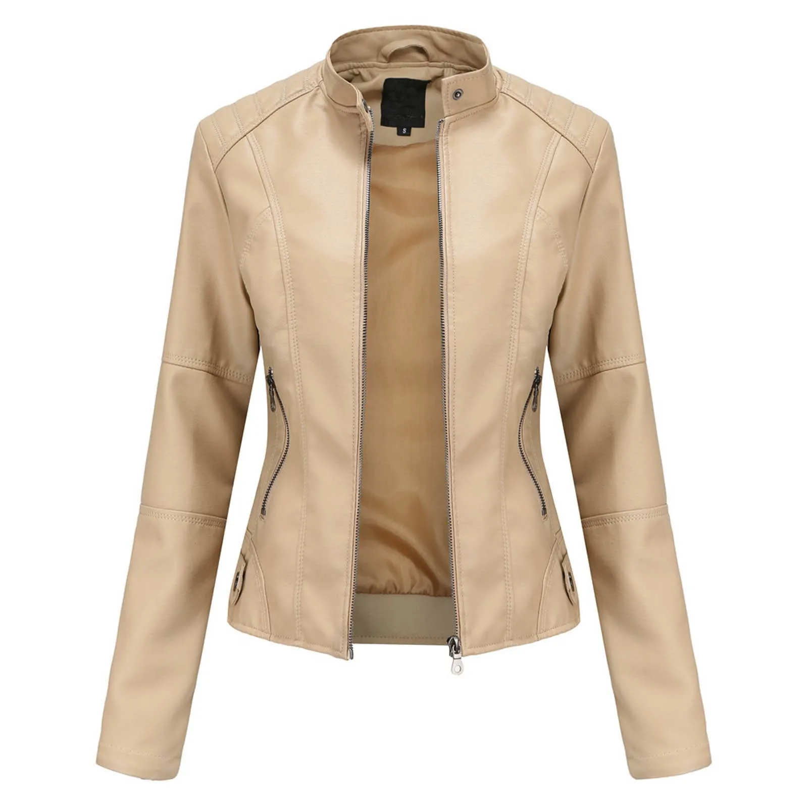 

Women's Faux Leather Jacket, Solid Color Slim Fit Zipper Thin Stand Collar Motorcycle Fashion Casual Plus Size Outerwear