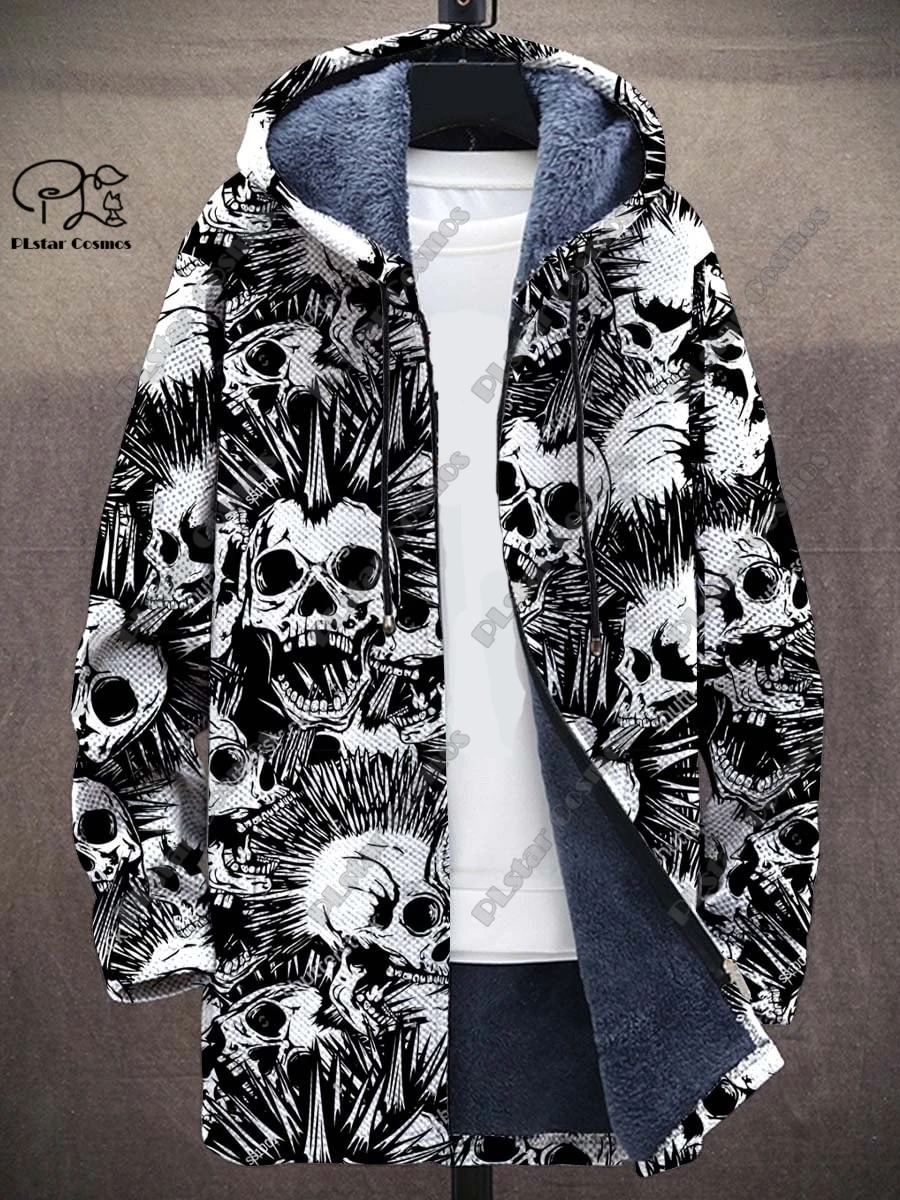 3D printed colorful skull series art printed composite gray velvet hooded zipper jacket winter velvet unisex warm jacket K1