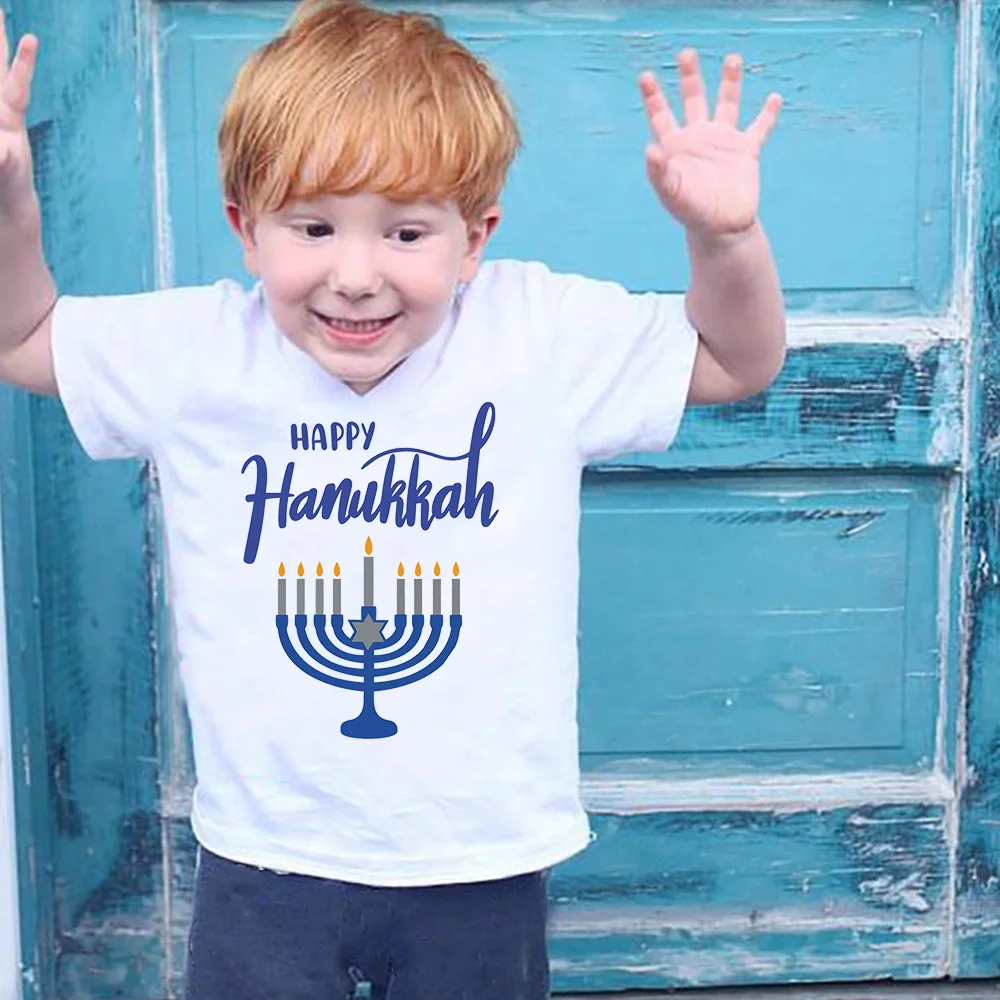 Happy Hanukkah Printed Kids Shirts Jewish Holiday Child Outfit T-shirt Boys Girls Holiday Clothes Tops Toddler Short Sleeve Tee