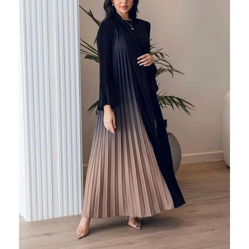 

Gradient Color Women Long Tunic Long Sleeve Miyake Pleated Middle East Large Robe Cardigan Demure Islamic Holiday Prayer Costume