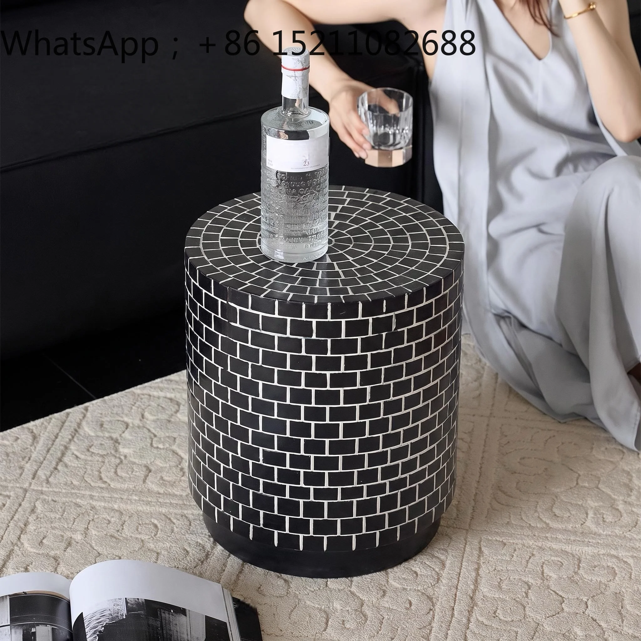 LLY Medieval Mosaic Side Table, Black Round Vintage Coffee Table, Outdoor Corner Atmosphere Side Table