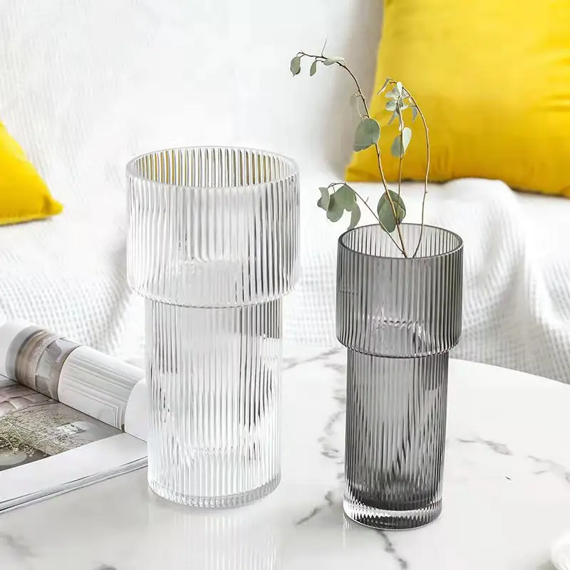 

European Vertical Pattern Transparent Glass Vase Flower Arrangement Hydroponic Table Decoration Living Room Interior Decor