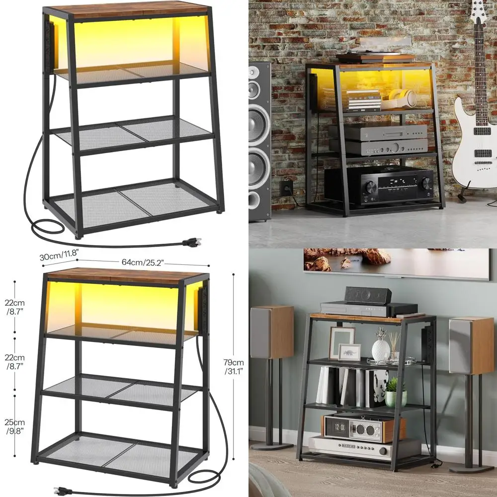 

Rustic Brown 4-Tier Wooden AV Stand with Stereo Charging and LED Light, Corner Entertainment Center, 30