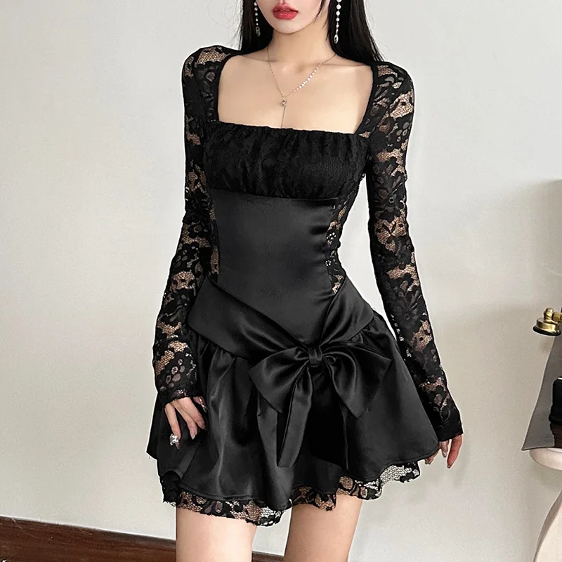 JHJN temperamento mujeres Mini falda de encaje de manga larga Vestido cuadrado cuello grande Vestido con lazo pliegues Vestido elegante de malla dulce Vestido de niña