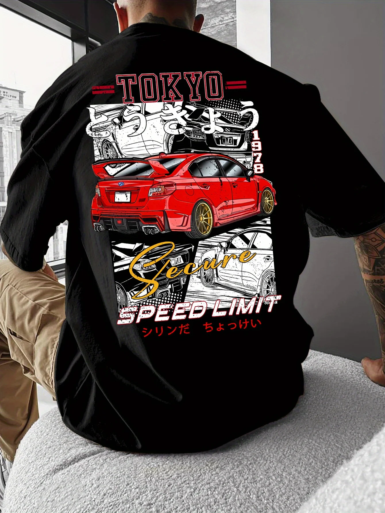 Men's Summer Streetwear T-Shirt Tokyo Speed Limit Graphic & Red Sports Car Print Loose Fit Casual Tee Print Summer