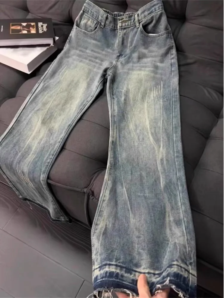

Retro Blue Denim Jeans Women's Trendy Brand American Washed Slim Small Size Narrow Version Repair Micro Flared Pants