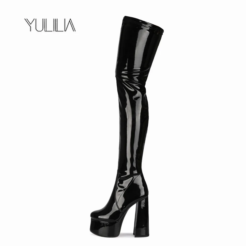

YULILIA Sexy Woman Women's Patent Leather Skinny Ultra High Heel Over Knee Thigh Boots Nightclub Girls Large Size Pole Dance