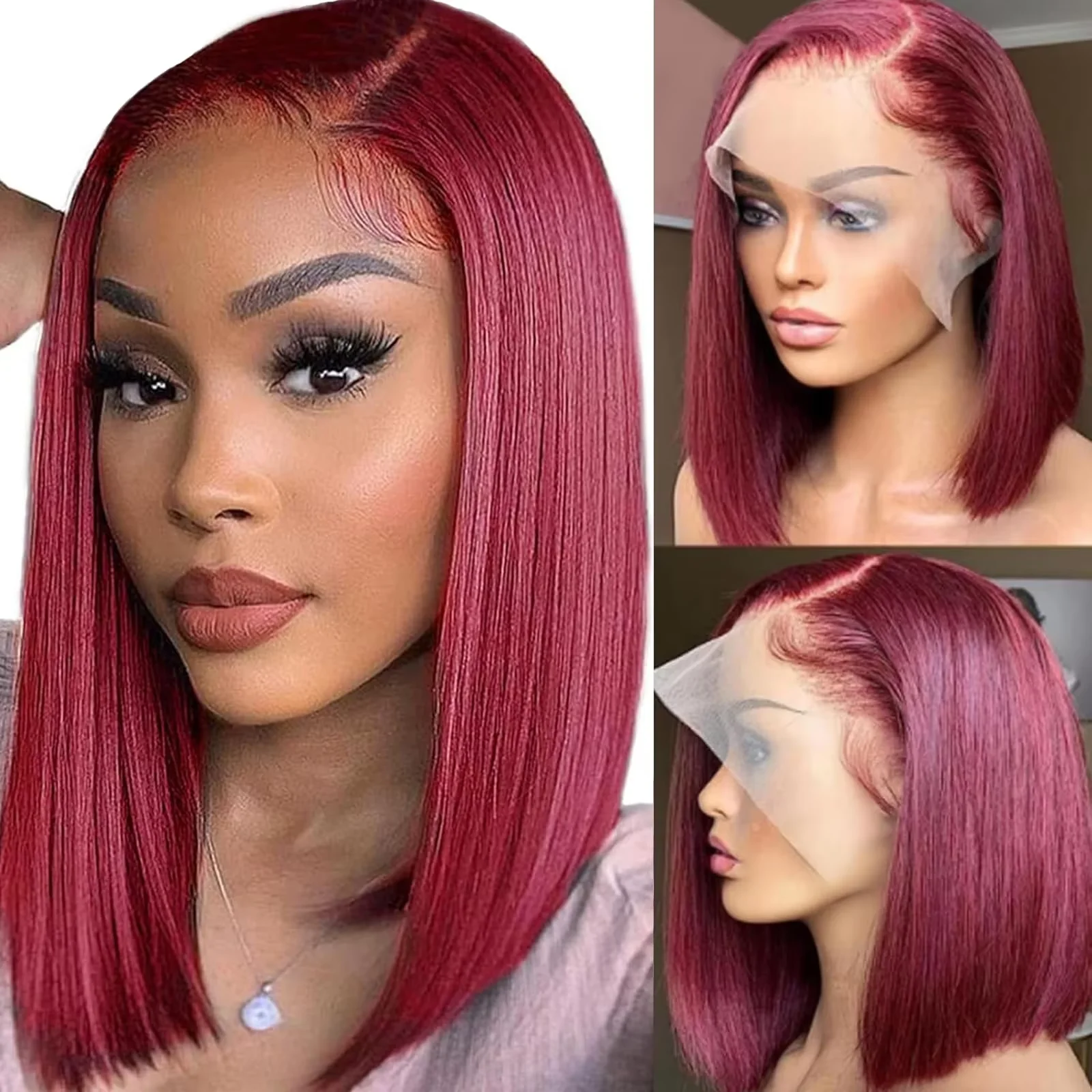

99j Burgundy Preplucked Colored Straight Short Bob 13x4 Full Frontal HD Transparent Lace wigs Human Hair 8-14 Inch 200 Density