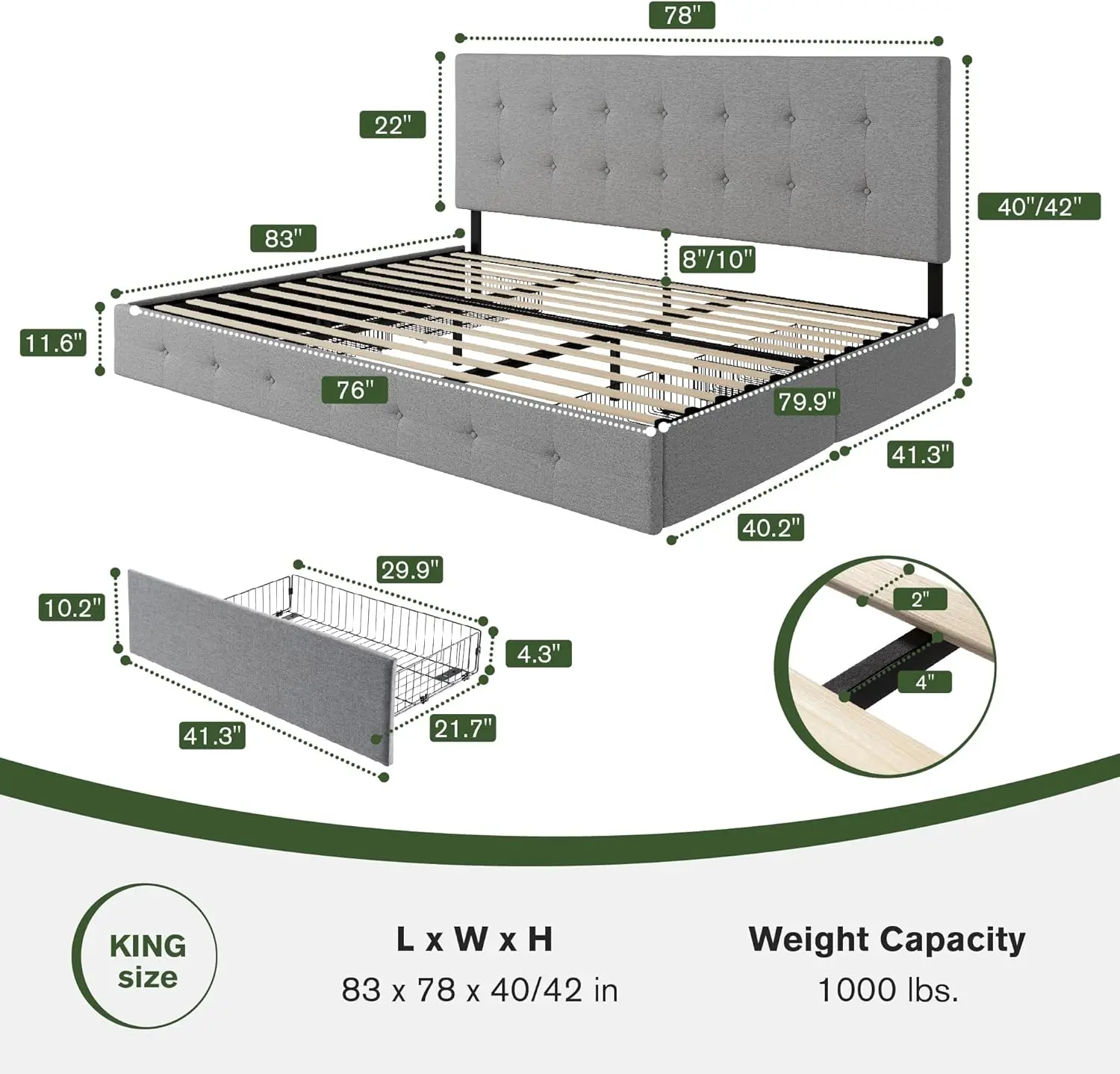 King Size Bed Frame with 4 Storage Drawers, Upholstered Platform Bed with Adjustable Square-Stitched Headboard