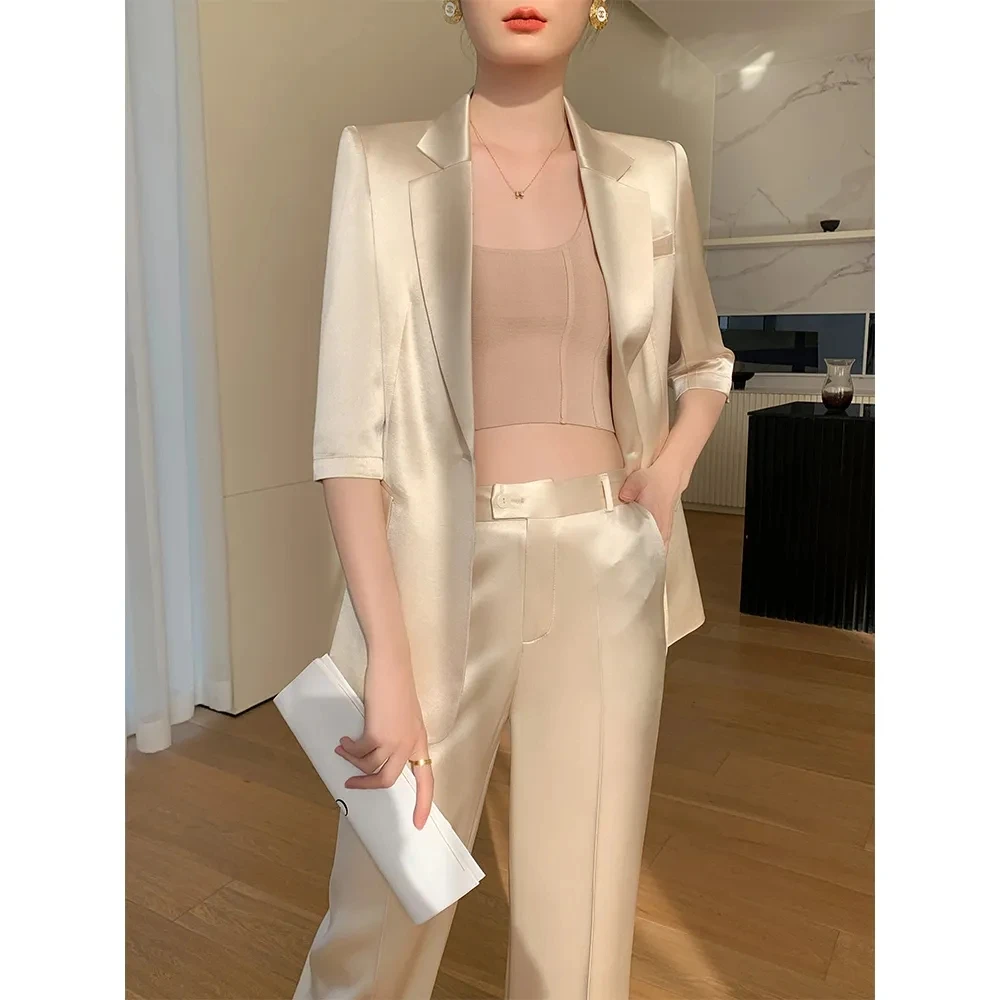 Summer Spring 2024 New One Button Half Sleeve Blazer Jacket Coat Casual Two-piece Elegant Women's Trousers Office Lady Suit