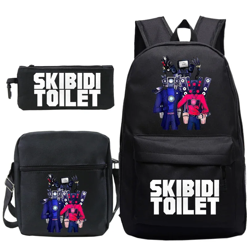 Skibidi-Toilet Print Mochila para estudante da escola primária, mochila de grande capacidade para crianças, saco anime para crianças, 3 peças por conjunto