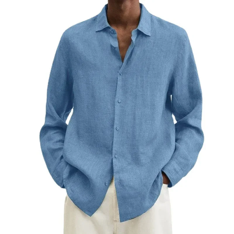 Mens Shirts Seasonal Long Sleeved V-neck Loose Button Cotton and Linen Cardigan Shirt for Men Hawaiian Shirt