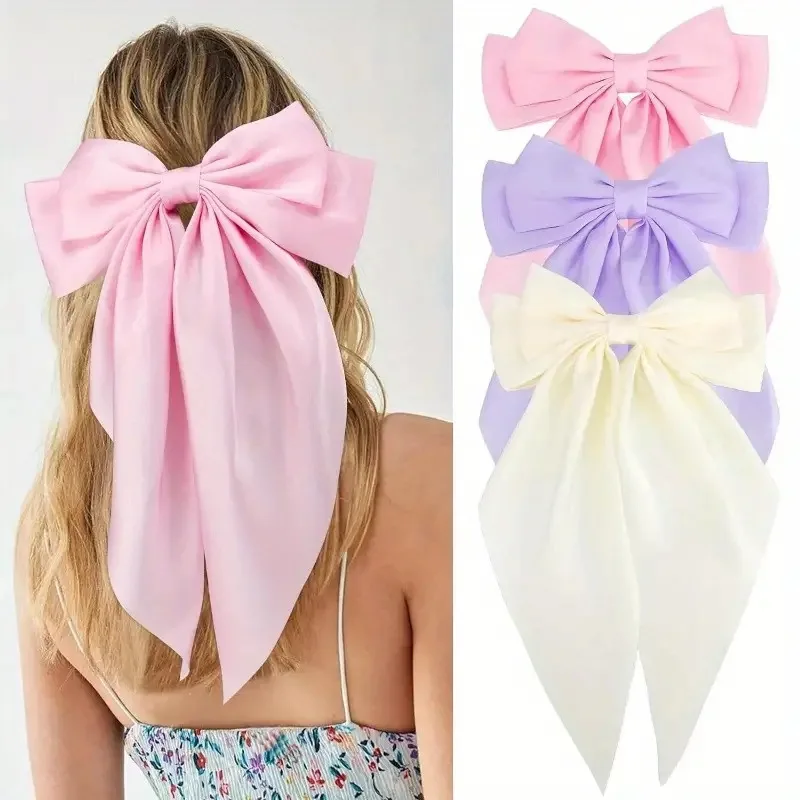 Silky Satin Bow Spring Hair Clip Double Layer Bowknot Ribbon Ponytail Clip Women Girls Elegant Barrettes Hair Style Accessories