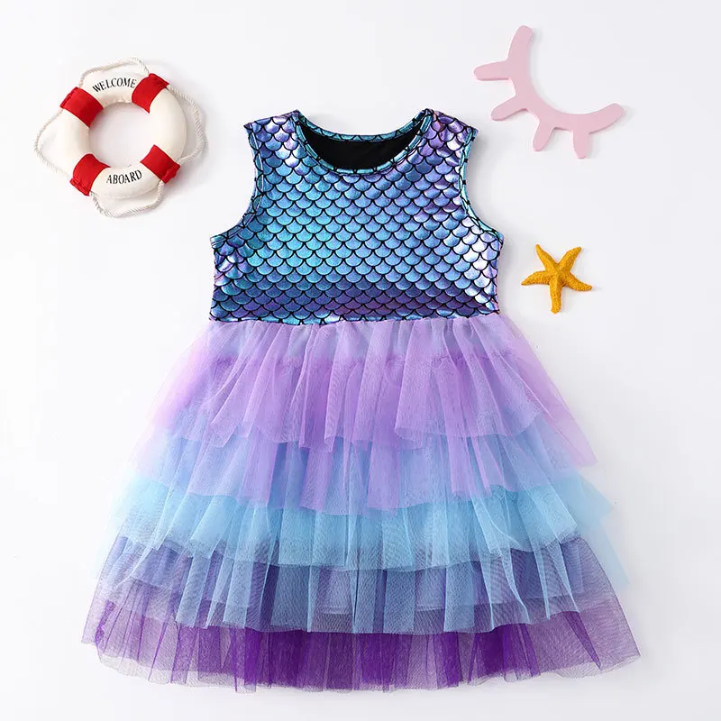 Girl Gradient Mermaid Sequin Mesh Tutu Dress Summer Sleeveless Breathable Casual Beachwear For Children Halloween Party Clothing