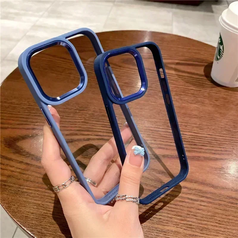 Cubierta de anillo de cámara de lujo para iPhone 15 14 13 Pro Max, funda de silicona a prueba de golpes de acrílico transparente, parachoques de moda