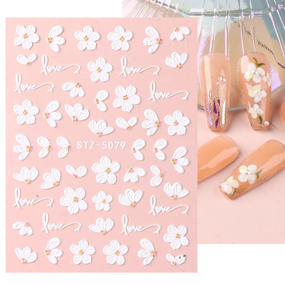 1pcs Camellia 5D Relief Nails Stickers Art Embossed Nail Decal Decoration Acrylic Sticky Sliders Tulip Butterfly White Orchid