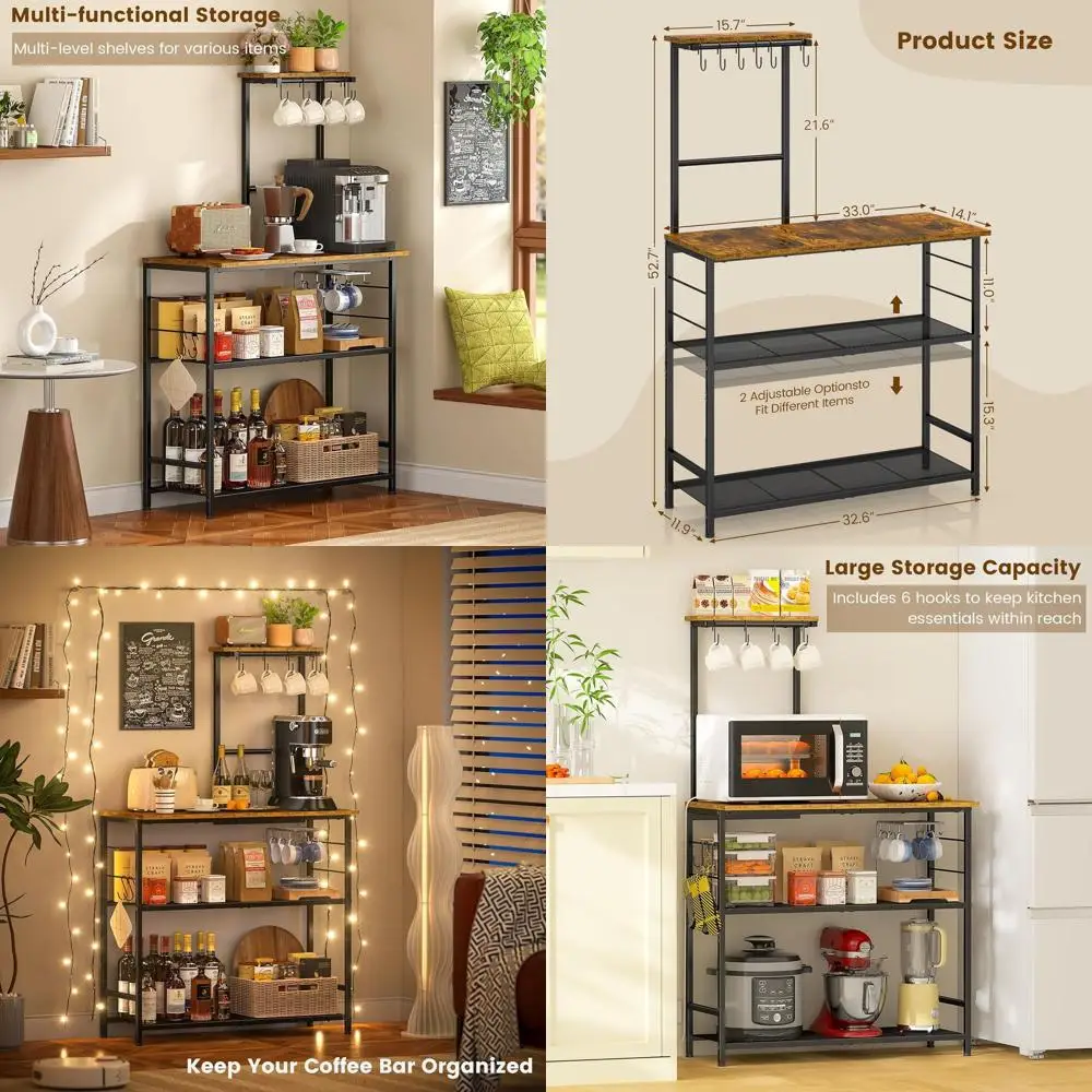 

4-Tier Microwave Stand with Storage, Adjustable Shelves & Hooks, Coffee Station, Spice Rack, Rustic Brown